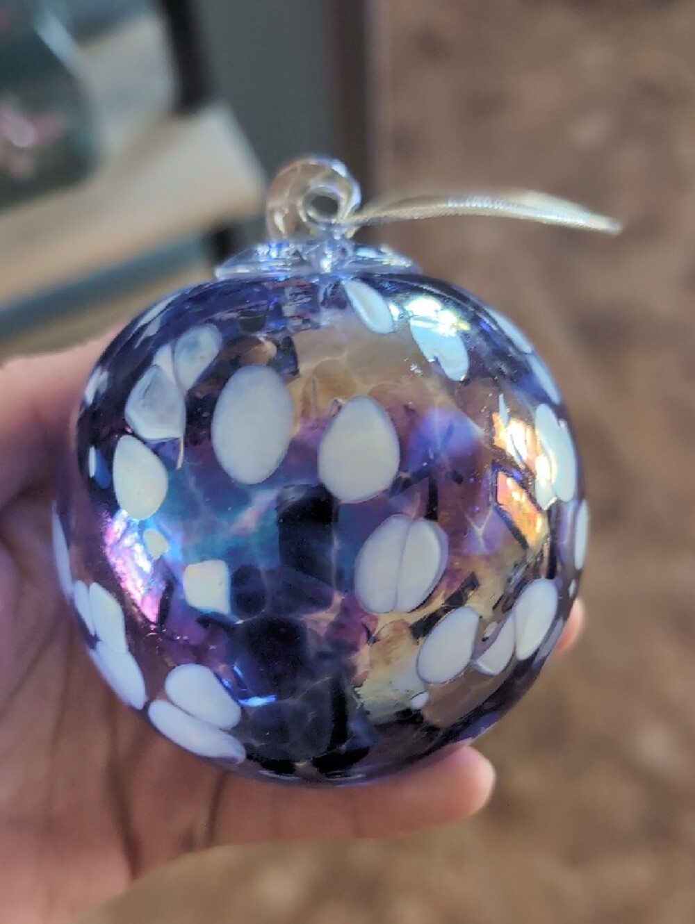Handblown Blue Glass Iridescent Orb Ornament